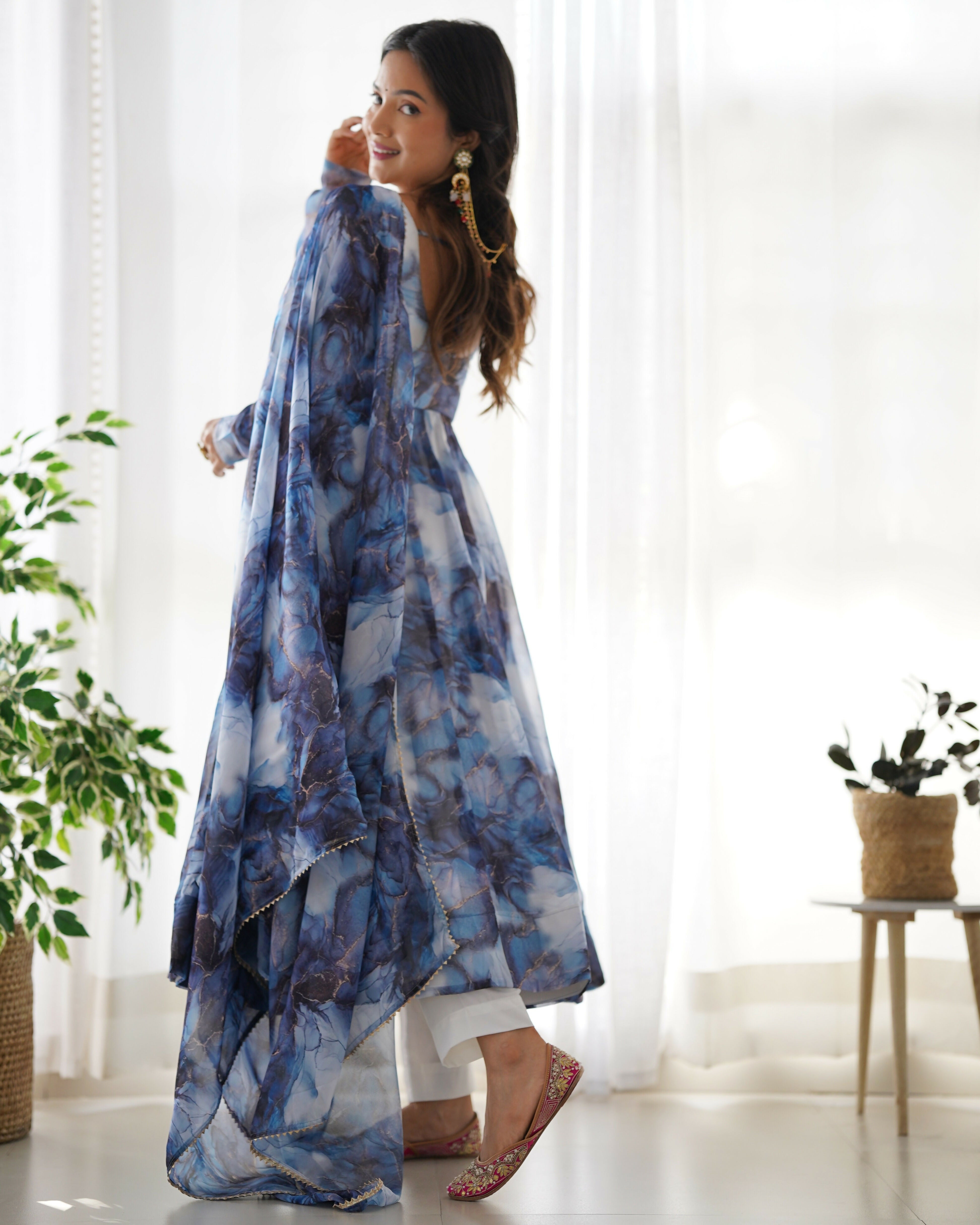 Joban Fashion Navy Blue Kurta Set Organza Sequin Embroidery Work - Distacart