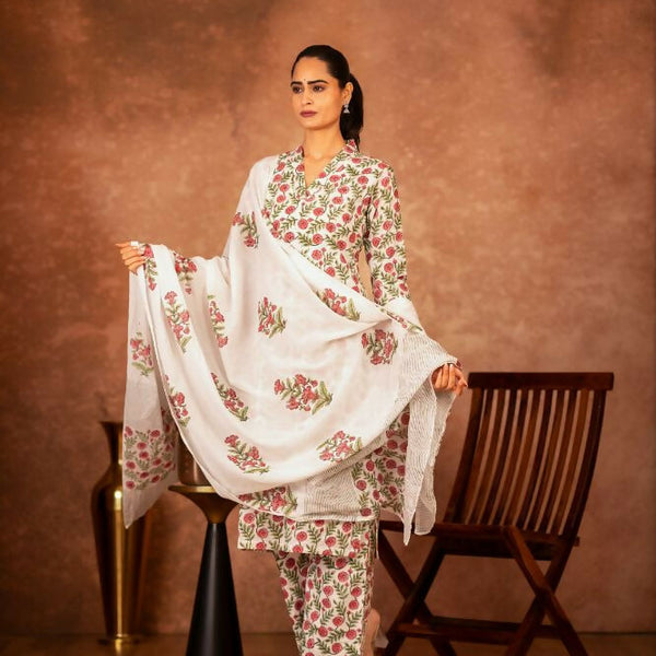 Joban Fashion Red Green Hand Block Printed Cotton Suit Set - Distacart