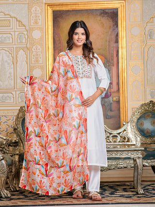 Malishka Women's White Chanderi Embroidery Kurta Set With Dupatta - Distacart
