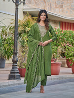 Thumbnail for Malishka Women's Mahendi Chanderi Embroidery Kurta Set With Dupatta - Distacart