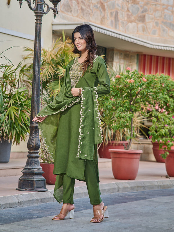 Malishka Women's Mahendi Chanderi Embroidery Kurta Set With Dupatta - Distacart