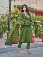 Thumbnail for Malishka Women's Mahendi Chanderi Embroidery Kurta Set With Dupatta - Distacart