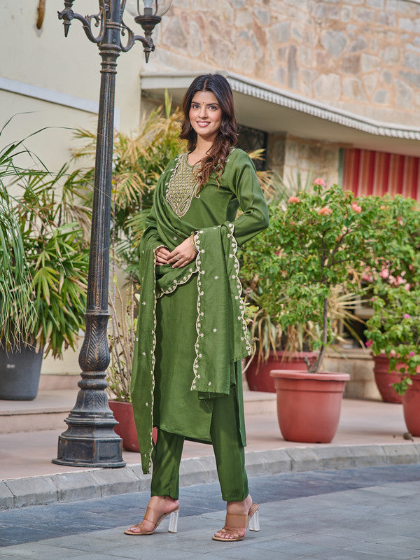 Malishka Women's Mahendi Chanderi Embroidery Kurta Set With Dupatta - Distacart