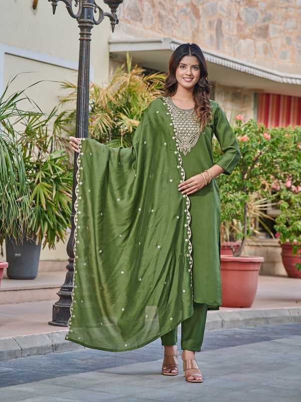 Malishka Women's Mahendi Chanderi Embroidery Kurta Set With Dupatta - Distacart