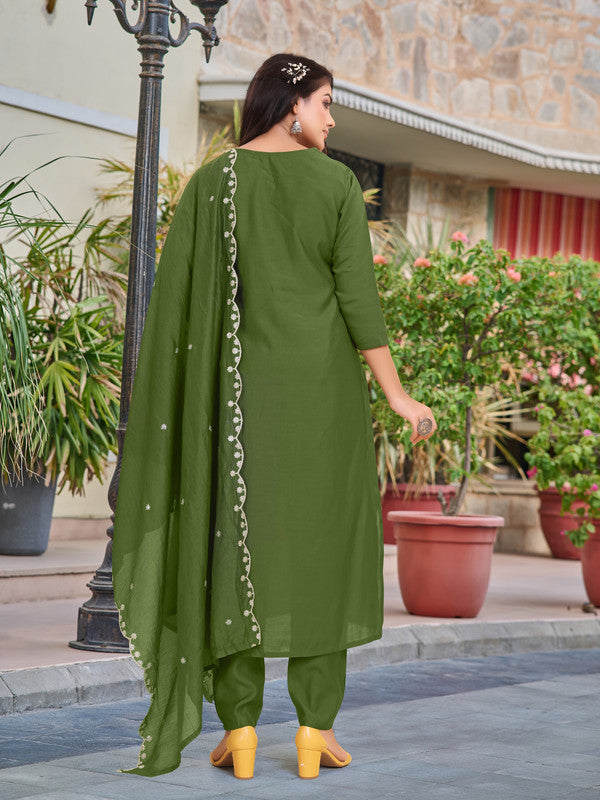Malishka Women's Mahendi Chanderi Embroidery Kurta Set With Dupatta - Distacart