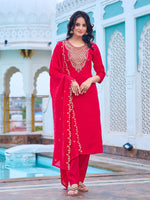 Thumbnail for Malishka Women's Rani Chanderi Embroidery Kurta Set With Dupatta - Distacart