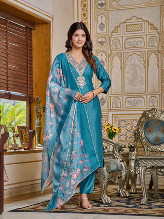 Malishka Women's Sky Blue Viscose Rayon Embroidery Kurta Set With Dupatta - Distacart