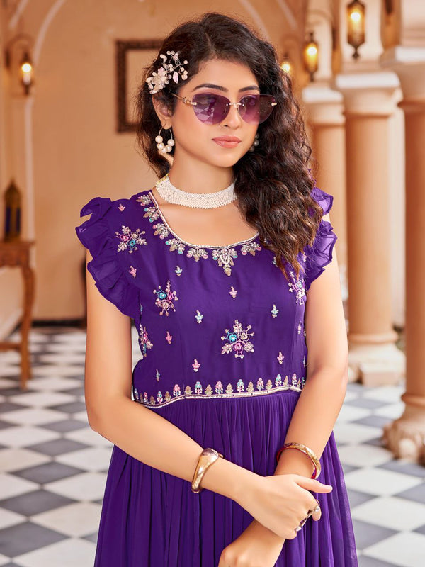 Prazu Fashion Purple Georgette With Rich Zari-Sequins Embroidery Gown