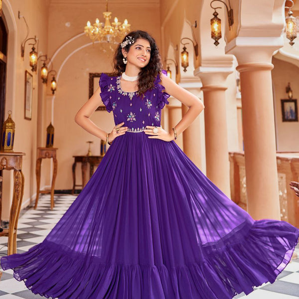 Prazu Fashion Purple Georgette With Rich Zari-Sequins Embroidery Gown