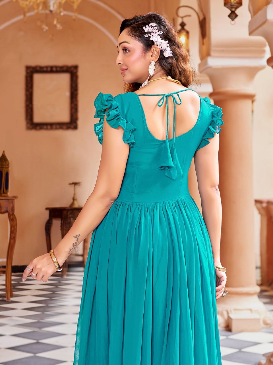 Prazu Fashion Rama Georgette With Rich Zari-Sequins Embroidery Gown