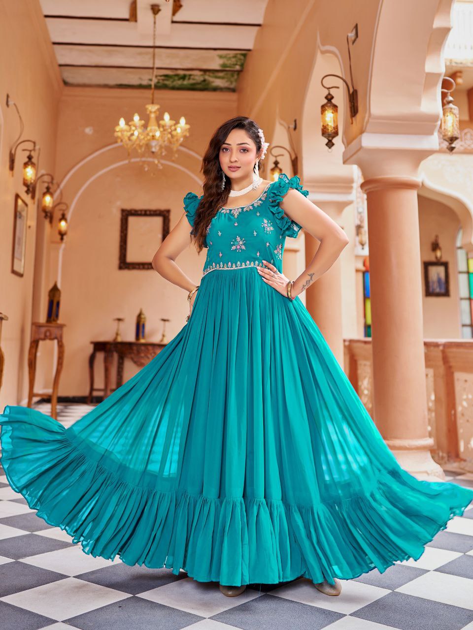 Prazu Fashion Rama Georgette With Rich Zari-Sequins Embroidery Gown