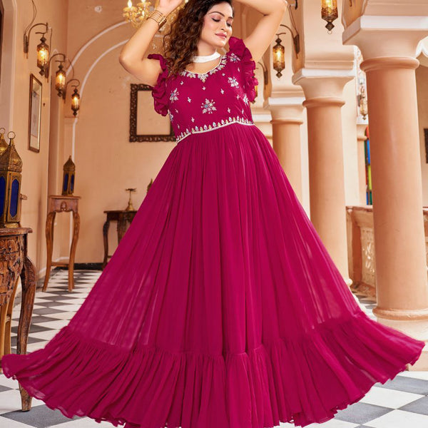 Prazu Fashion Rani Pink Georgette With Rich Zari-Sequins Embroidery Gown - Distacart