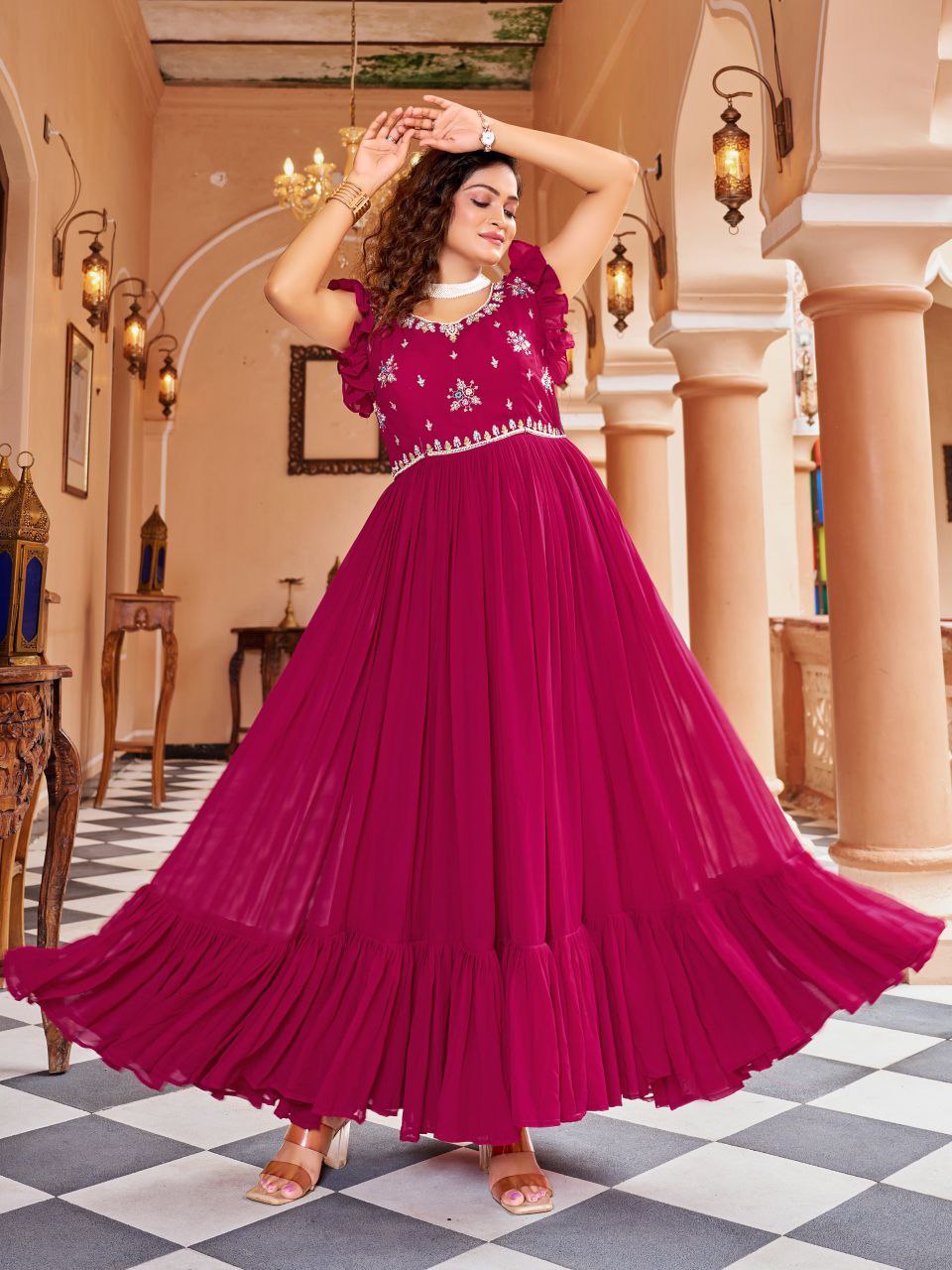 Prazu Fashion Rani Pink Georgette With Rich Zari-Sequins Embroidery Gown - Distacart