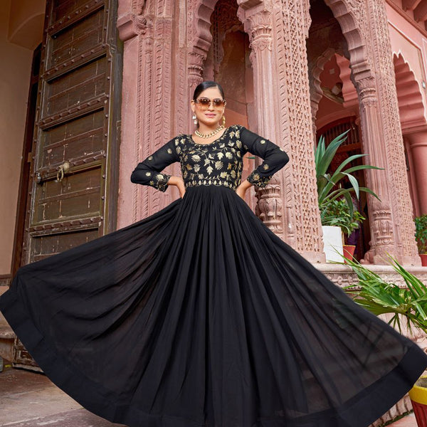 Prazu Fashion Black Georgette Embroidered Zari Work Designer Gown