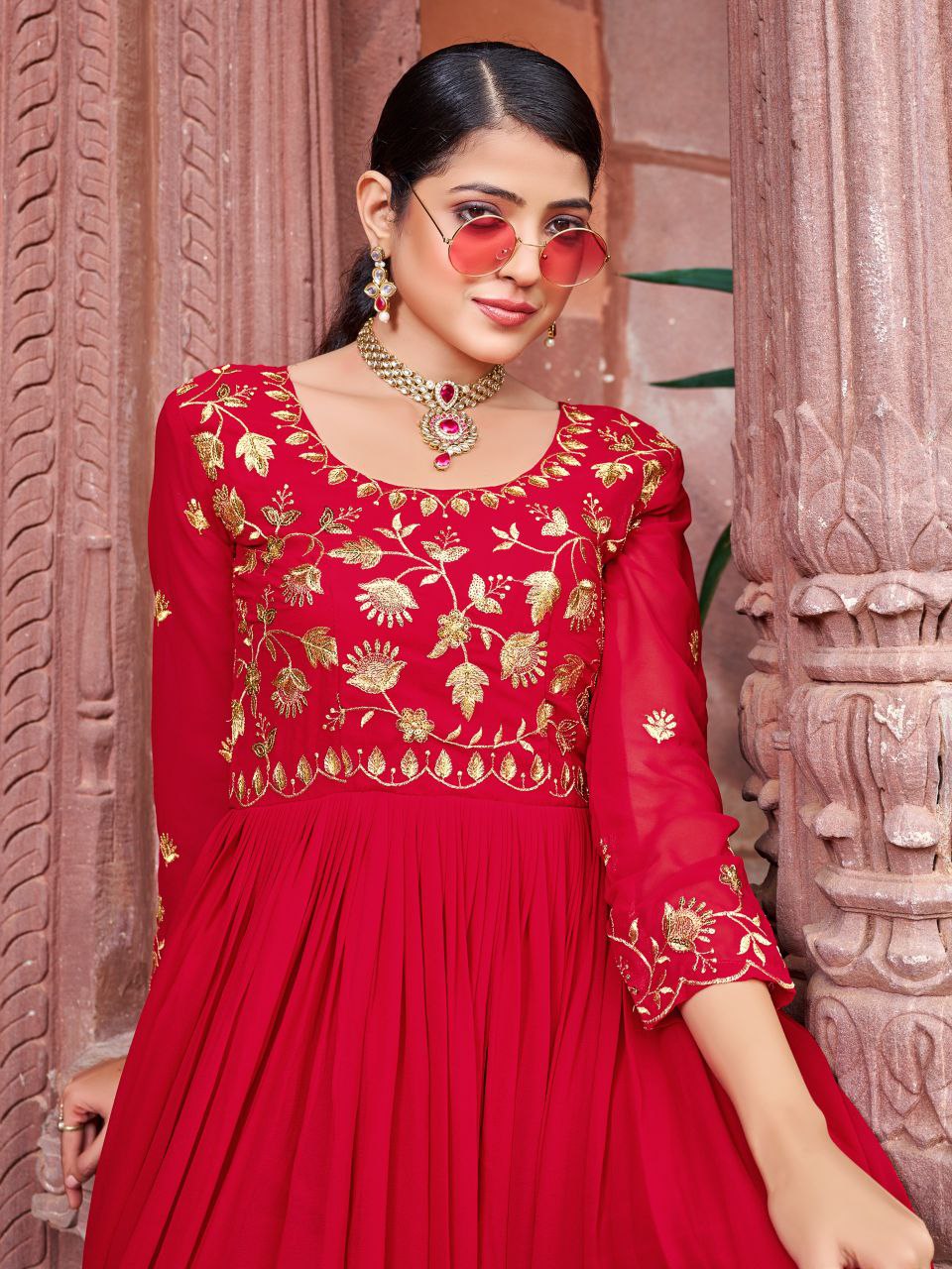 Prazu Fashion Maroon Georgette Embroidered Zari Work Designer Gown - Distacart