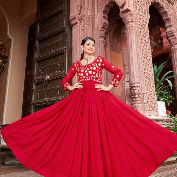 Prazu Fashion Maroon Georgette Embroidered Zari Work Designer Gown