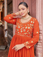 Thumbnail for Prazu Fashion Rust Georgette Embroidered Zari Work Designer Gown