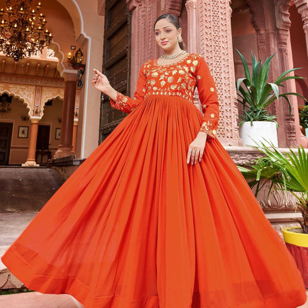 Prazu Fashion Rust Georgette Embroidered Zari Work Designer Gown