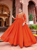 Thumbnail for Prazu Fashion Rust Georgette Embroidered Zari Work Designer Gown