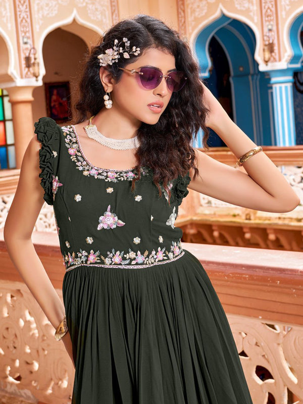 Prazu Fashion Mehndi Georgette With Rich Zari-Sequins Embroidery Gown