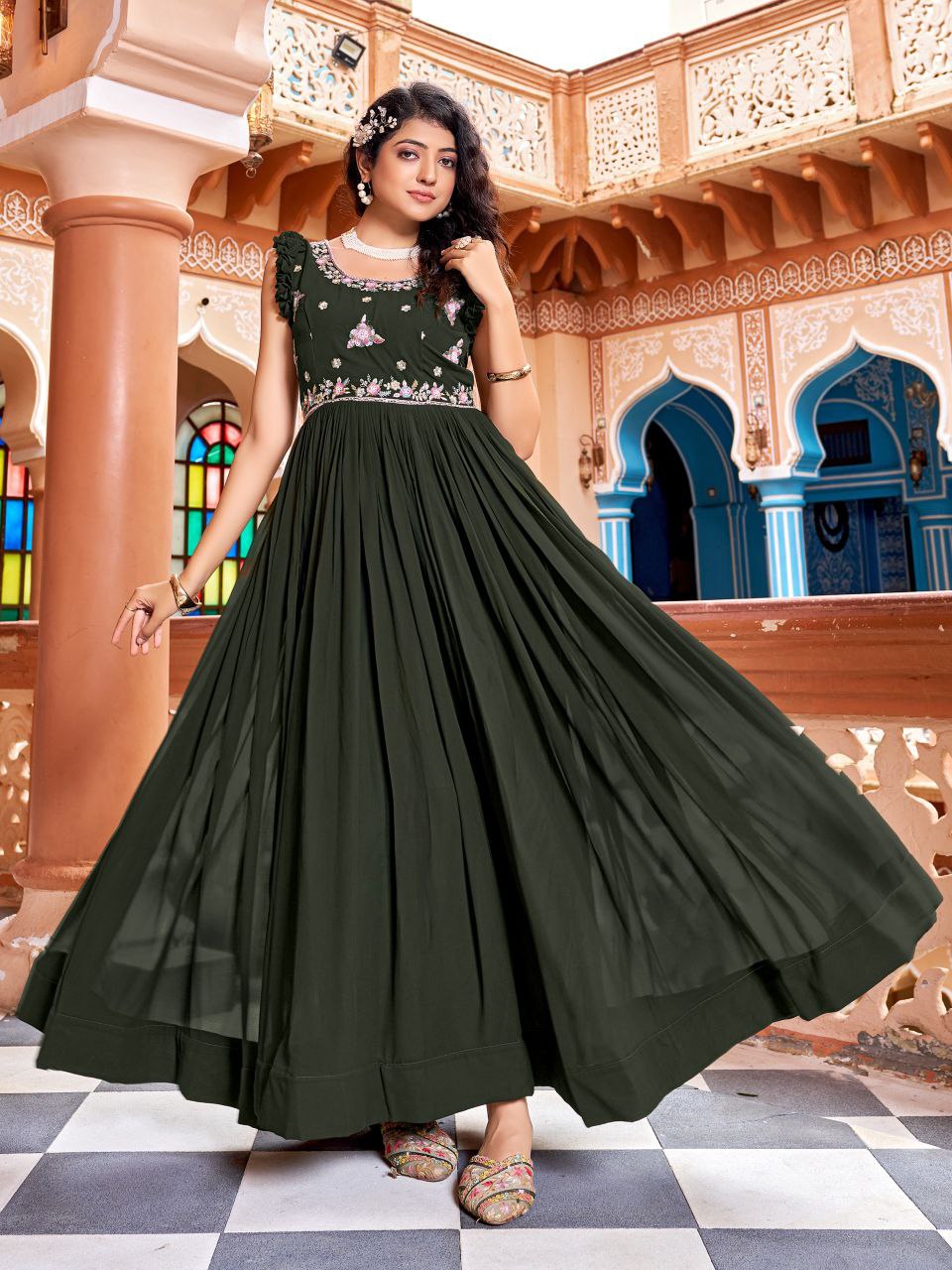 Prazu Fashion Mehndi Georgette With Rich Zari-Sequins Embroidery Gown - Dista