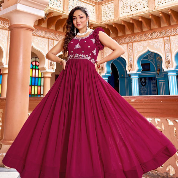 Prazu Fashion Rani Pink Georgette With Rich Zari-Sequins Embroidery Gown - Distacart