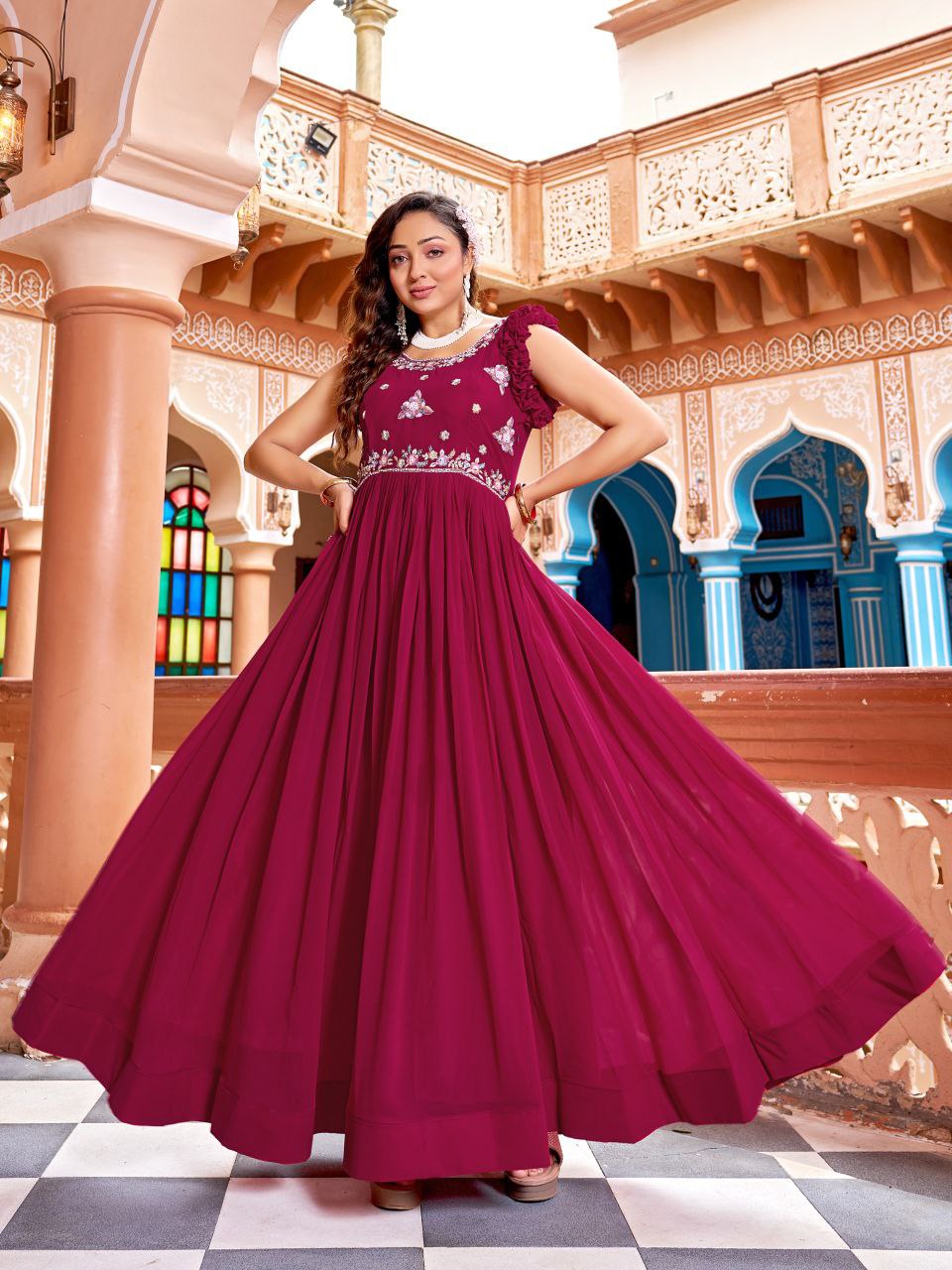 Prazu Fashion Rani Pink Georgette With Rich Zari-Sequins Embroidery Gown - Distacart