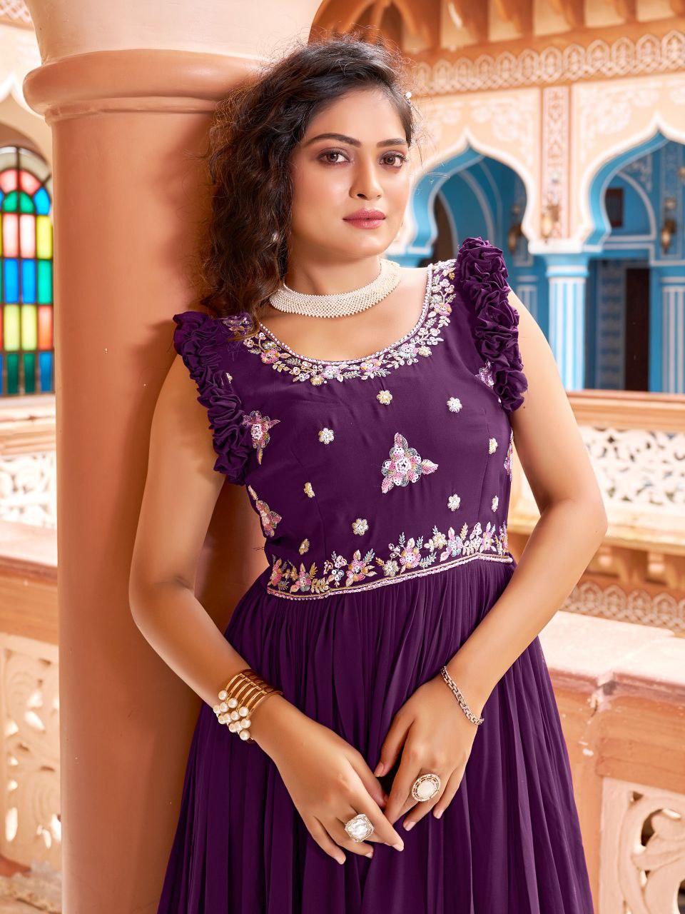 Prazu Fashion Wine Georgette With Rich Zari-Sequins Embroidery Gown