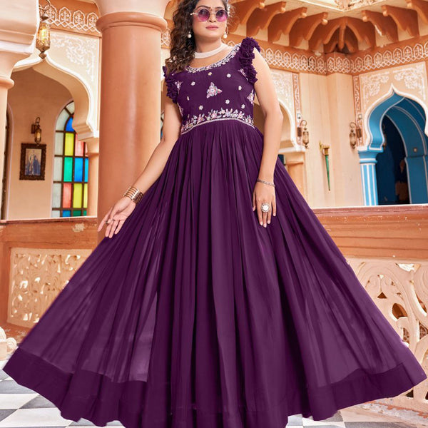Prazu Fashion Wine Georgette With Rich Zari-Sequins Embroidery Gown - Distacart