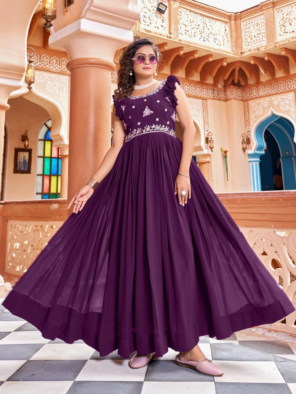 Prazu Fashion Wine Georgette With Rich Zari-Sequins Embroidery Gown - Distacart