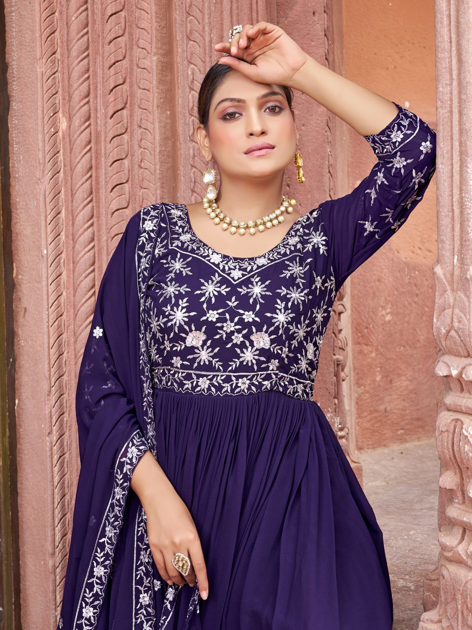 Prazu Fashion Blue Georgette Embroidered Zari Work Designer Gown With Dupatta - Distacart