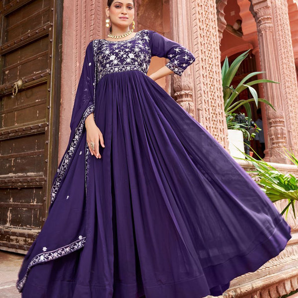 Prazu Fashion Blue Georgette Embroidered Zari Work Designer Gown With Dupatta - Distacart