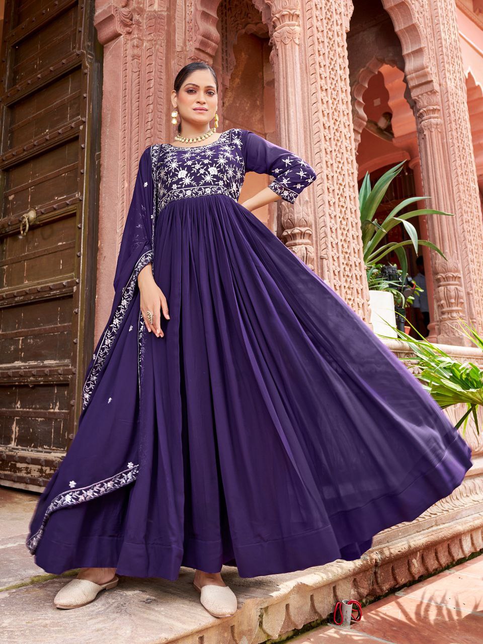 Prazu Fashion Blue Georgette Embroidered Zari Work Designer Gown With Dupatta - Distacart