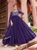 Thumbnail for Prazu Fashion Blue Georgette Embroidered Zari Work Designer Gown With Dupatta - Distacart