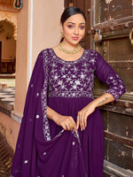 Thumbnail for Prazu Fashion Purple Georgette Embroidered Zari Work Designer Gown With Dupatta