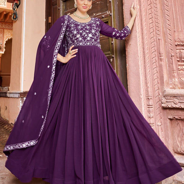 Prazu Fashion Purple Georgette Embroidered Zari Work Designer Gown With Dupatta