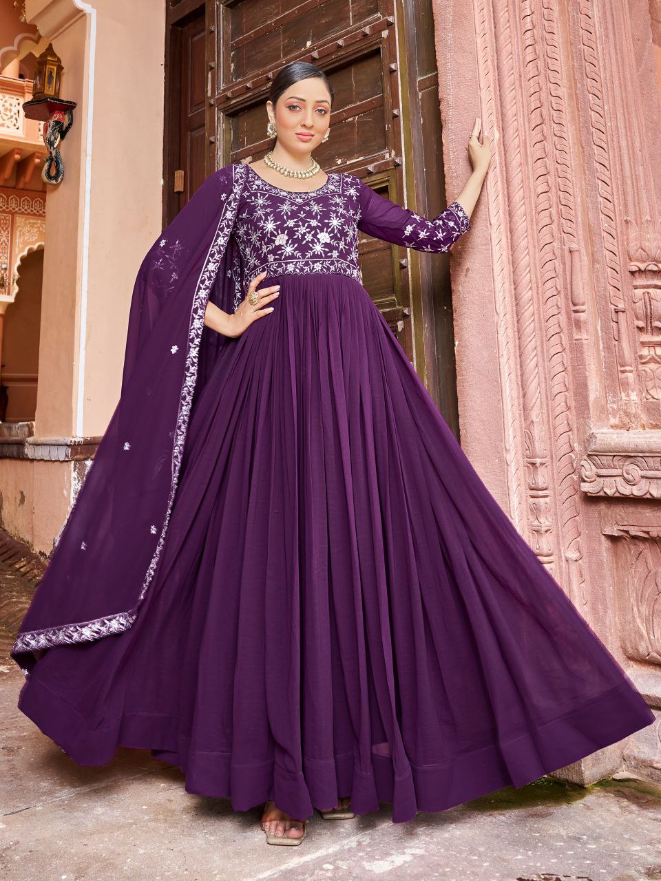 Prazu Fashion Purple Georgette Embroidered Zari Work Designer Gown With Dupatta - Distacart