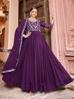 Thumbnail for Prazu Fashion Purple Georgette Embroidered Zari Work Designer Gown With Dupatta