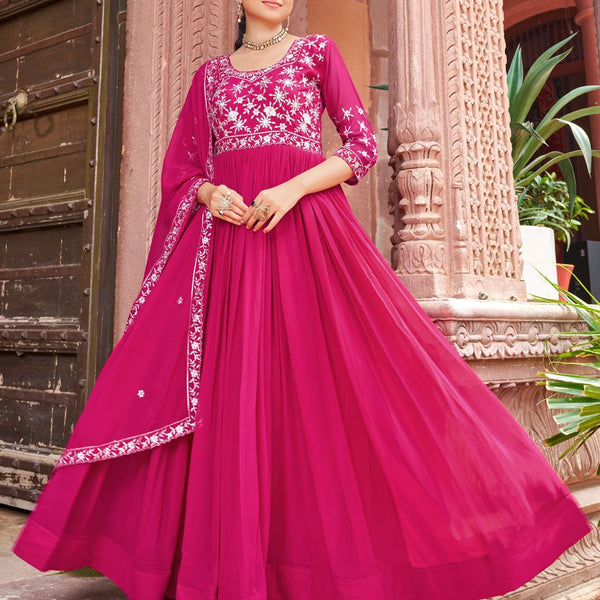 Prazu Fashion Rani Pink Georgette Embroidered Zari Work Designer Gown With Dupatta