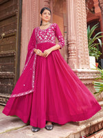Thumbnail for Prazu Fashion Rani Pink Georgette Embroidered Zari Work Designer Gown With Dupatta