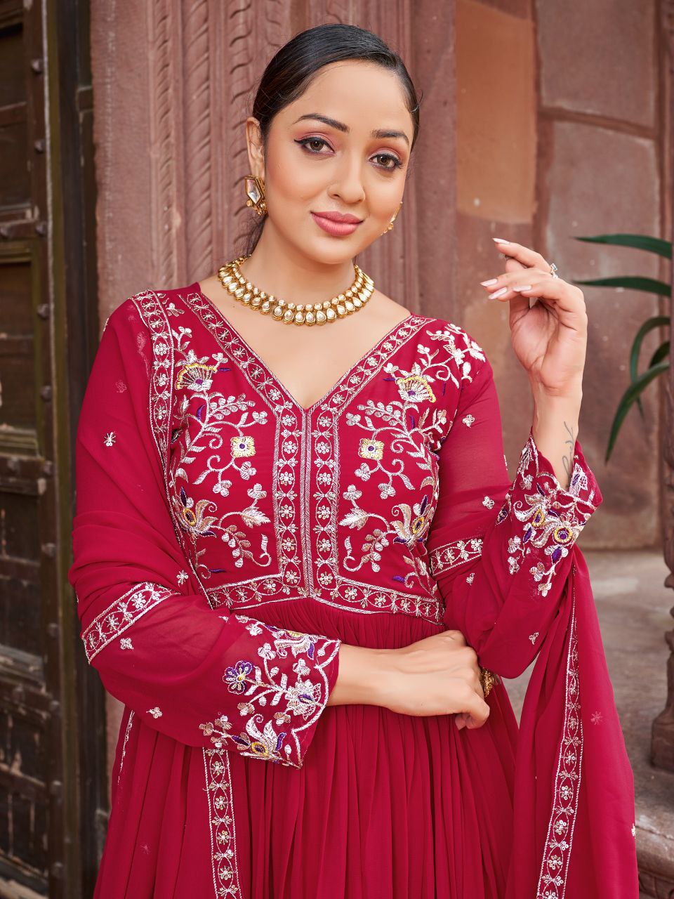 Prazu Fashion Red Georgette With Rich Zari-Sequins Embroidery Gown
