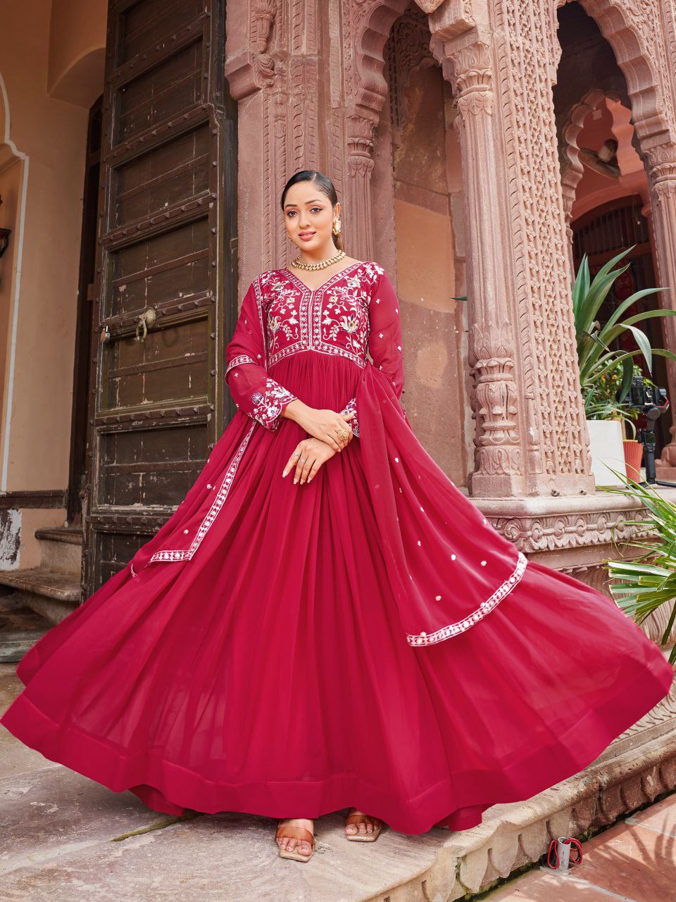 Prazu Fashion Red Georgette With Rich Zari-Sequins Embroidery Gown