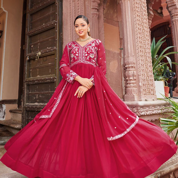 Prazu Fashion Red Georgette With Rich Zari-Sequins Embroidery Gown - Distacart
