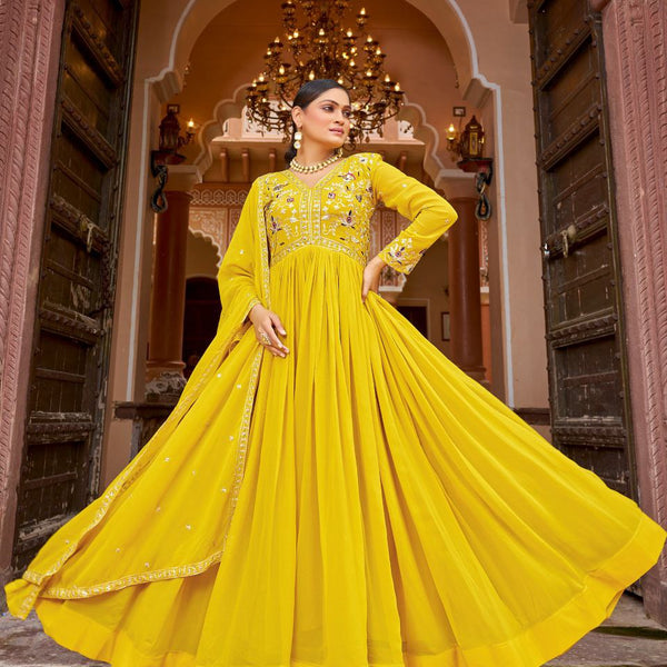 Prazu Fashion Yellow Georgette With Rich Zari-Sequins Embroidery Gown - Distacart