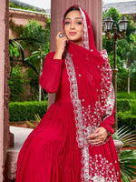 Thumbnail for Prazu Fashion Red Georgette With 3 Layer Huge Flair Gown With Dupatta - Distacart
