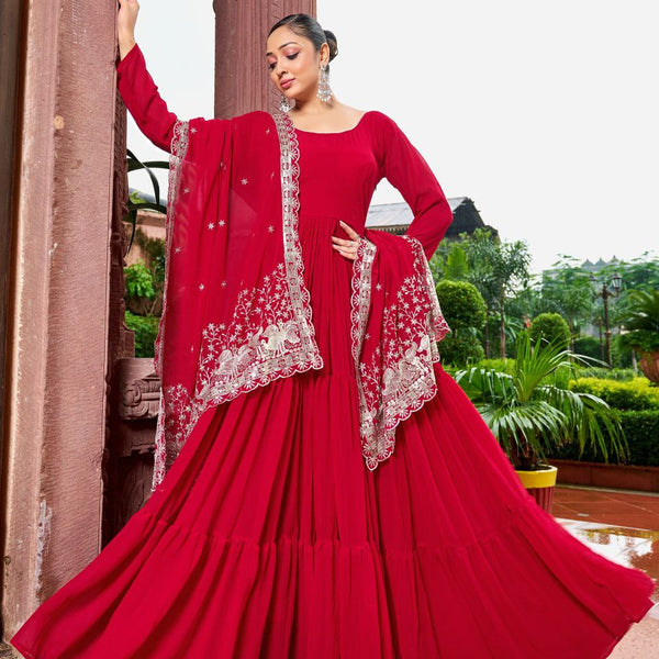 Prazu Fashion Red Georgette With 3 Layer Huge Flair Gown With Dupatta - Distacart