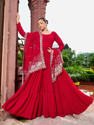 Prazu Fashion Red Georgette With 3 Layer Huge Flair Gown With Dupatta