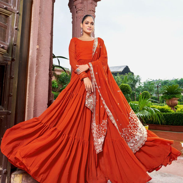 Prazu Fashion Rust Georgette With 3 Layer Huge Flair Gown With Dupatta