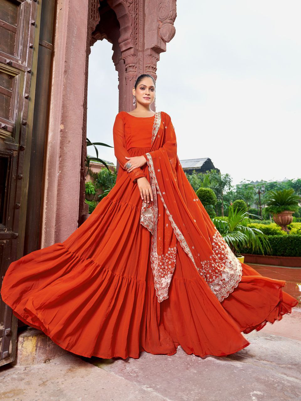Prazu Fashion Rust Georgette With 3 Layer Huge Flair Gown With Dupatta