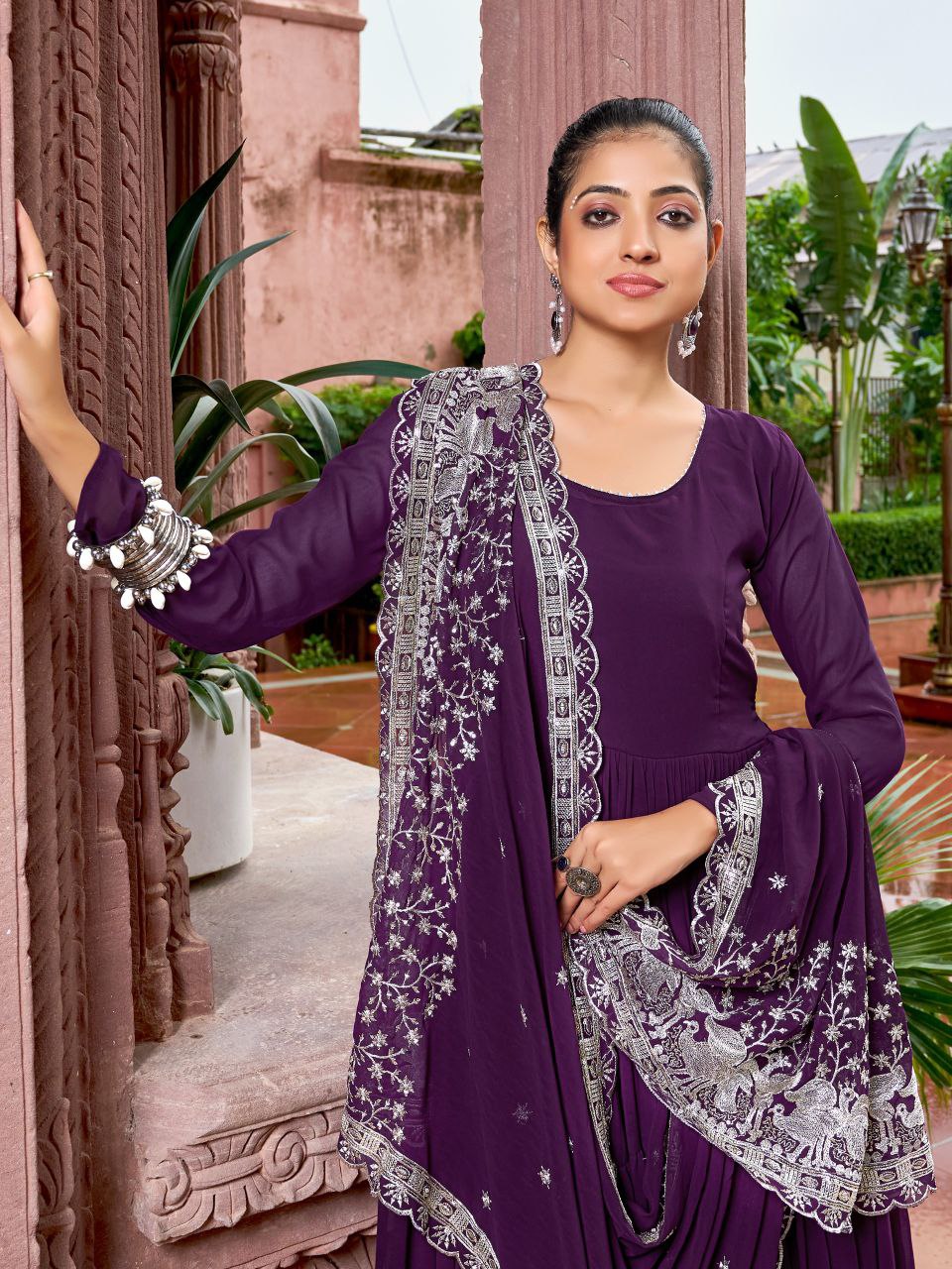 Prazu Fashion Wine Georgette With 3 Layer Huge Flair Gown With Dupatta - Distacart
